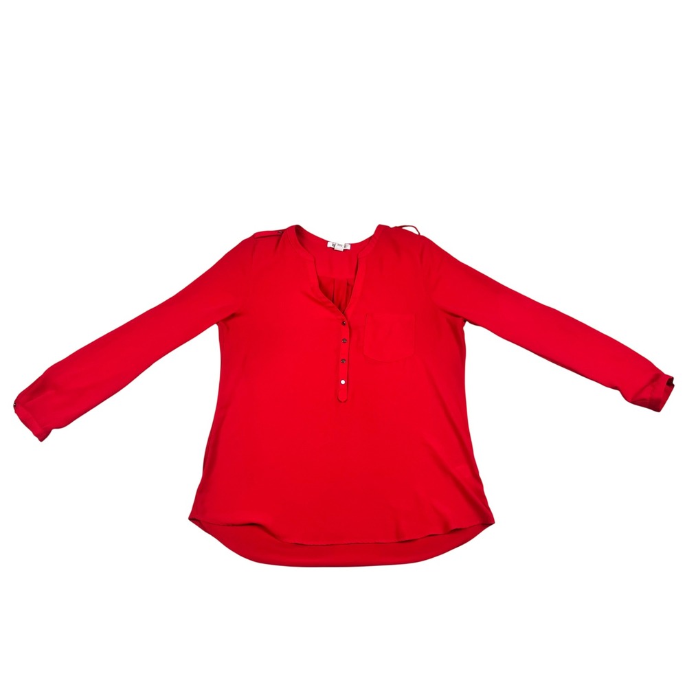 Kenneth Cole Reaction Womens Red Henley Long‎ Sleeve Blouse Size L Pocket Top
